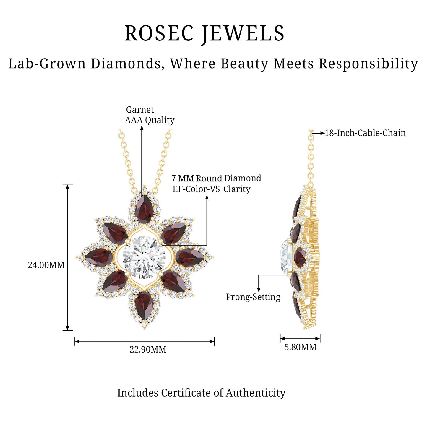 Certified Lab Grown Diamond Flower Pendant With Garnet