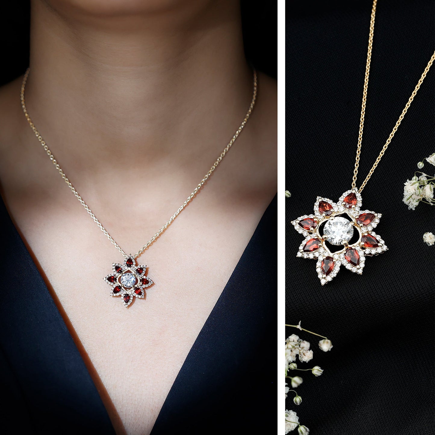 Certified Lab Grown Diamond Flower Pendant With Garnet