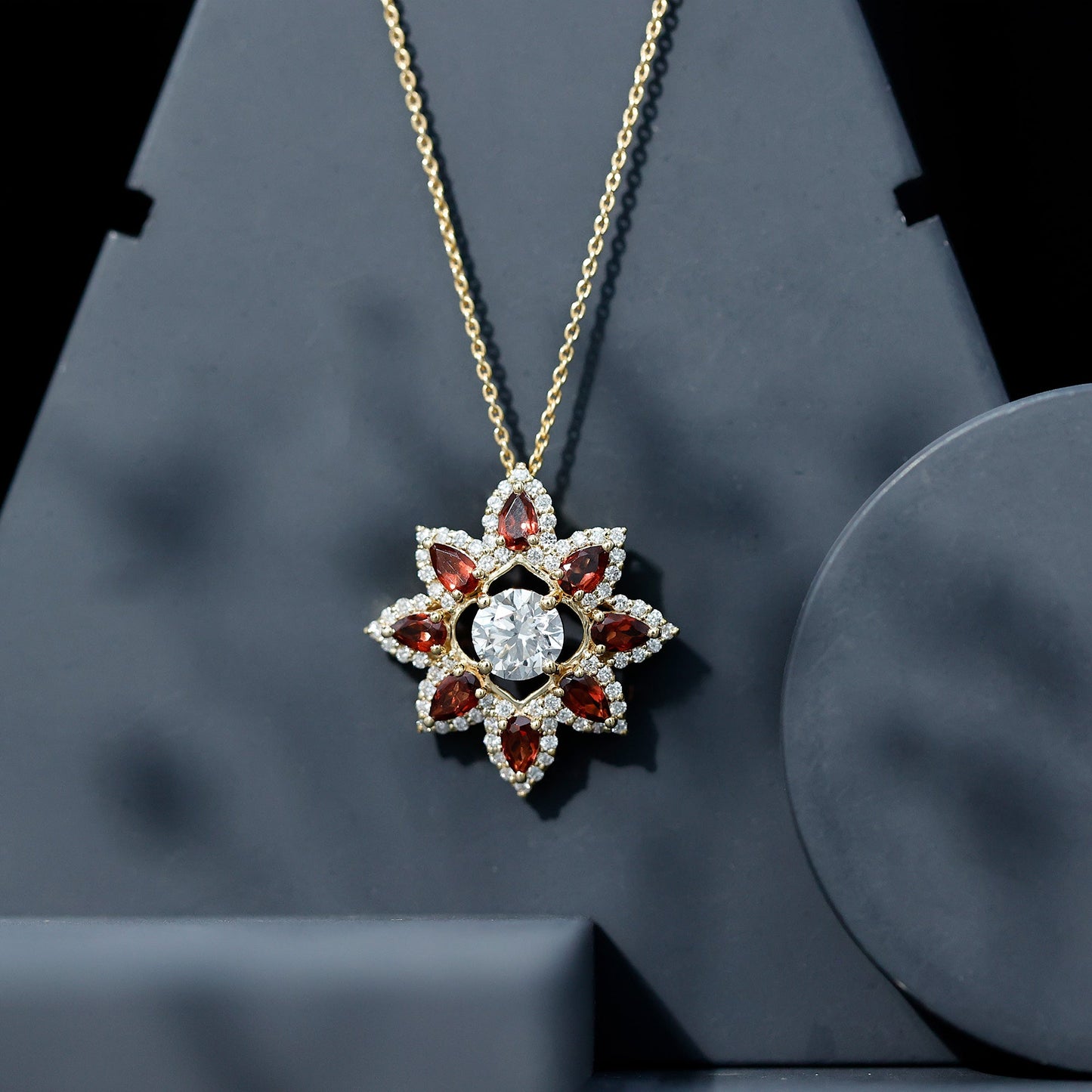 Certified Lab Grown Diamond Flower Pendant With Garnet