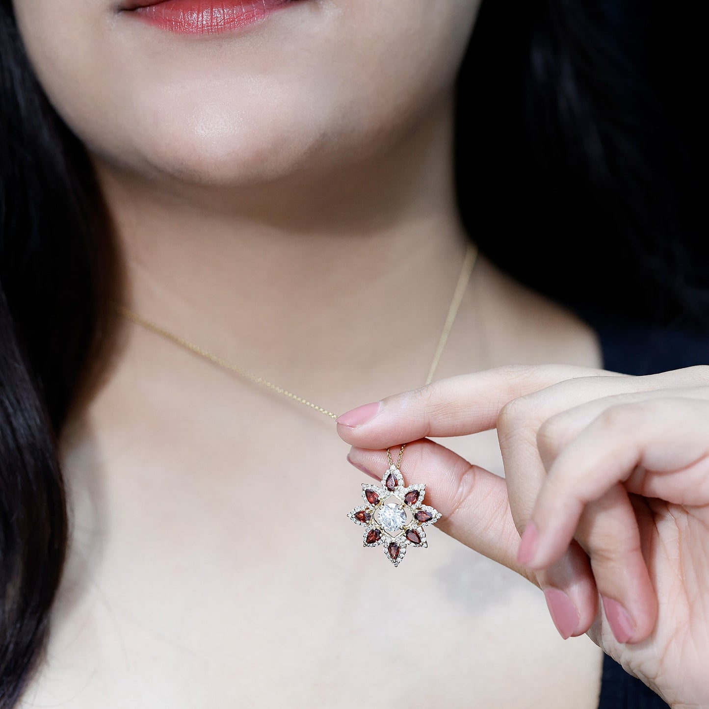Certified Lab Grown Diamond Flower Pendant With Garnet
