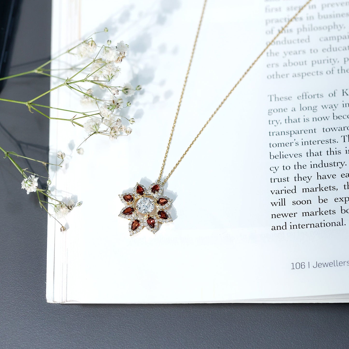 Certified Lab Grown Diamond Flower Pendant With Garnet