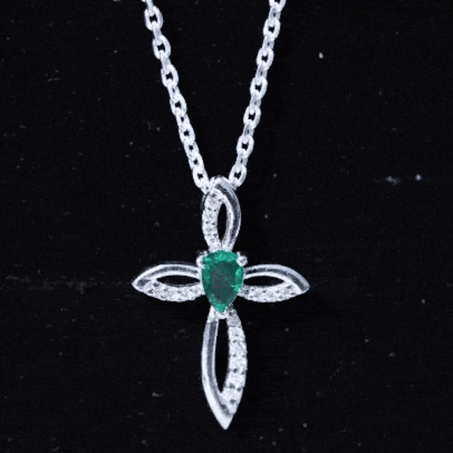 Pear Cut Emerald Cross Pendant With Lab Grown Diamond
