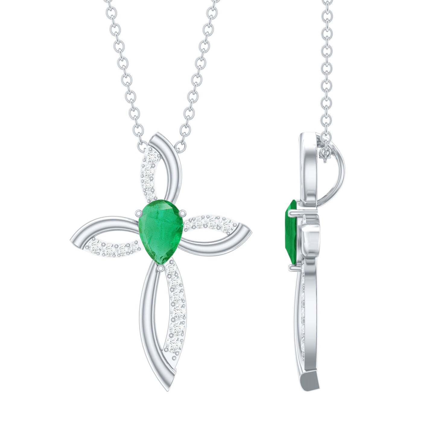 Pear Cut Emerald Cross Pendant With Lab Grown Diamond
