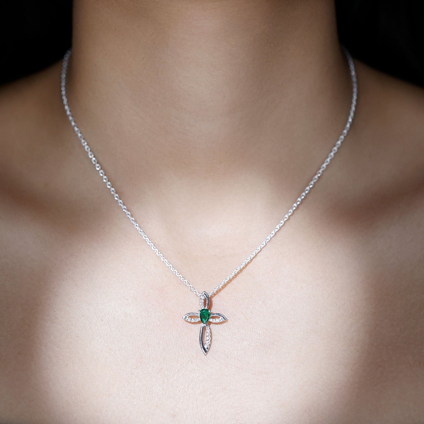 Pear Cut Emerald Cross Pendant With Lab Grown Diamond