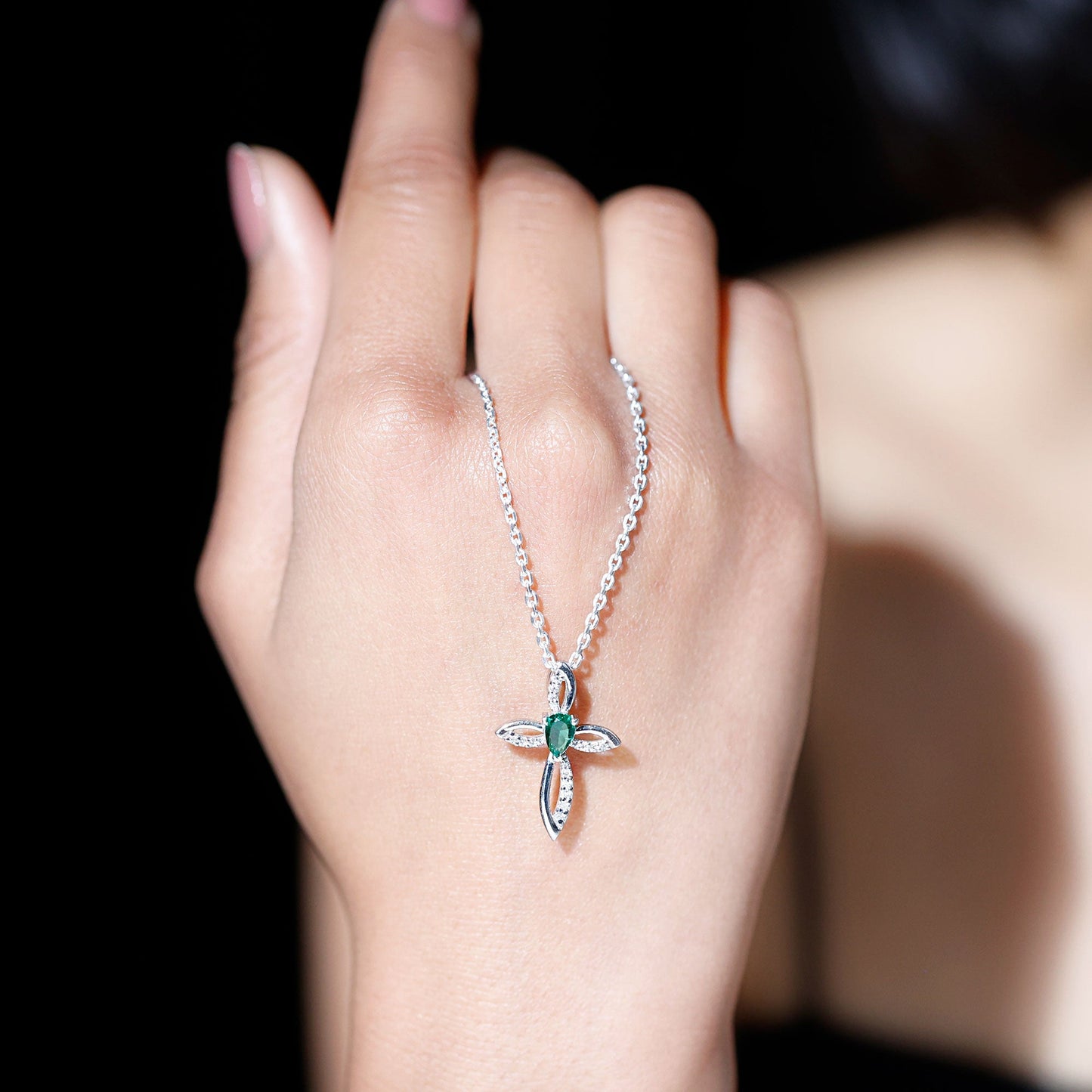 Pear Cut Emerald Cross Pendant With Lab Grown Diamond