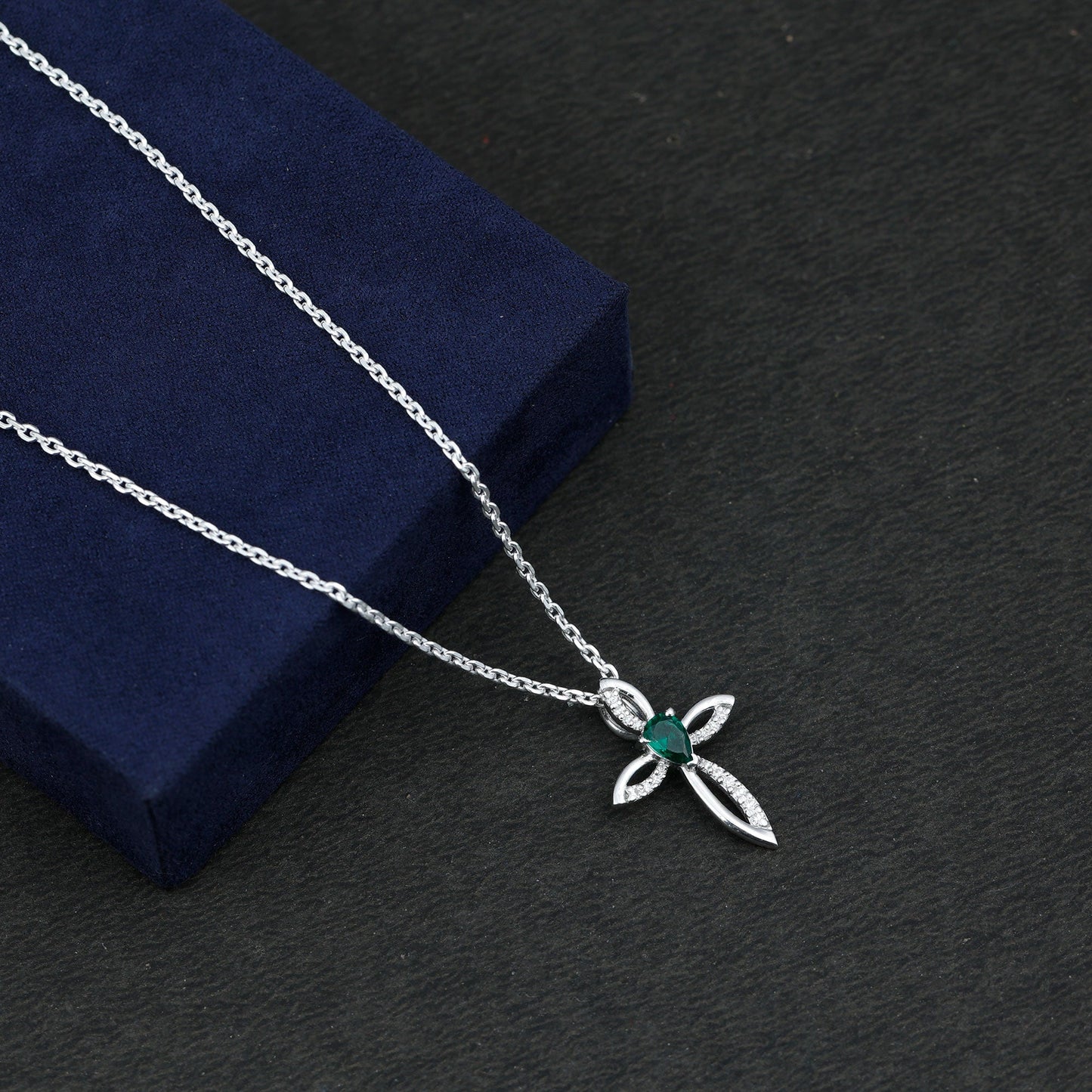 Pear Cut Emerald Cross Pendant With Lab Grown Diamond