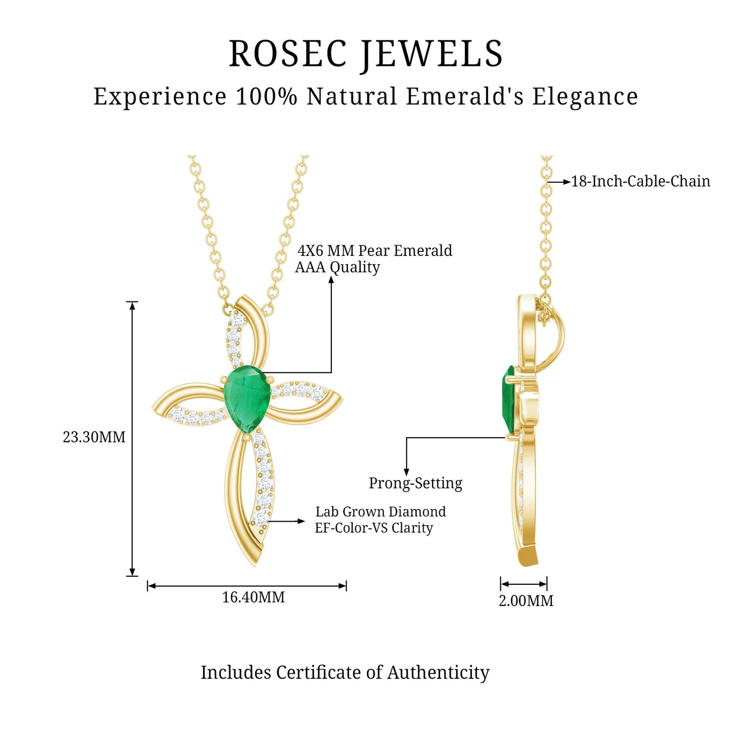 Pear Cut Emerald Cross Pendant With Lab Grown Diamond