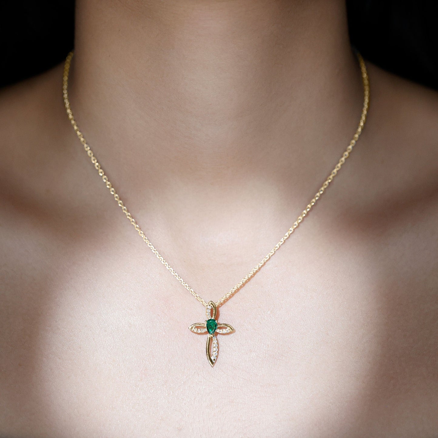 Pear Cut Emerald Cross Pendant With Lab Grown Diamond