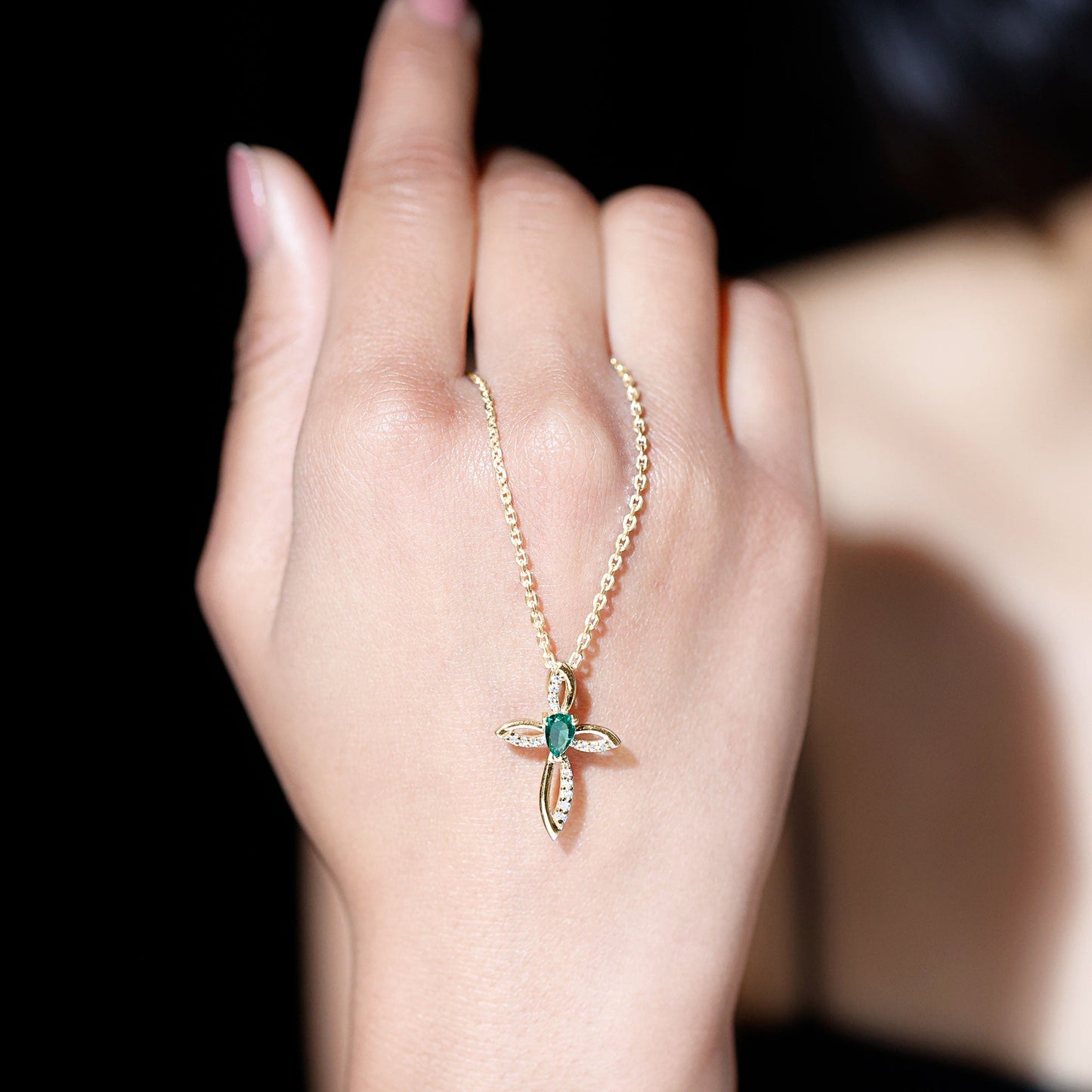 Pear Cut Emerald Cross Pendant With Lab Grown Diamond