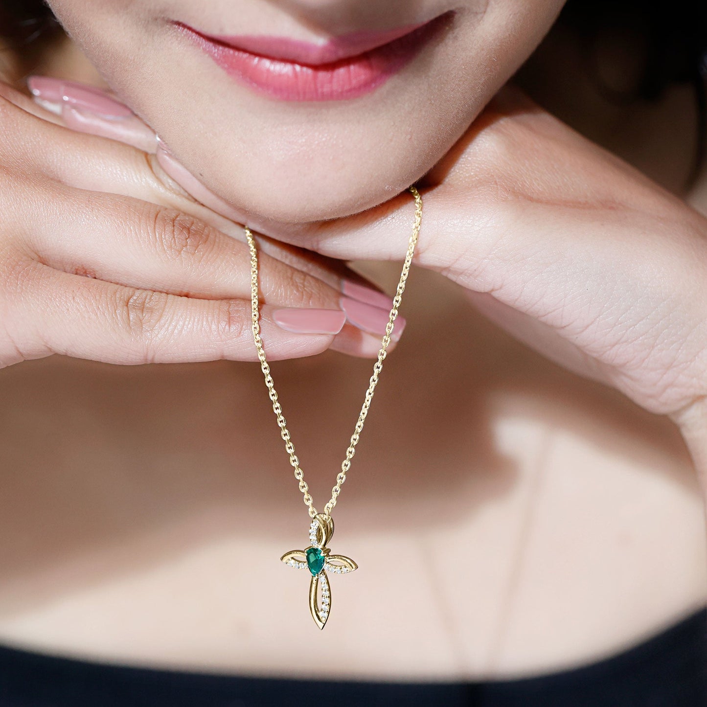 Pear Cut Emerald Cross Pendant With Lab Grown Diamond