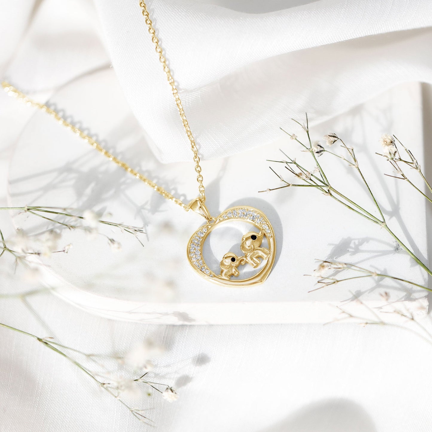 Diamond Elephant Mother Child Necklace