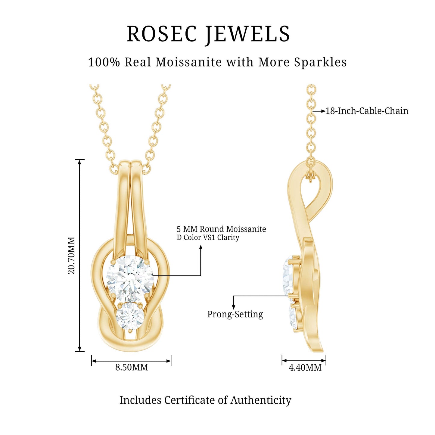Two Stone Moissanite Infinity Knot Necklace with Certificate