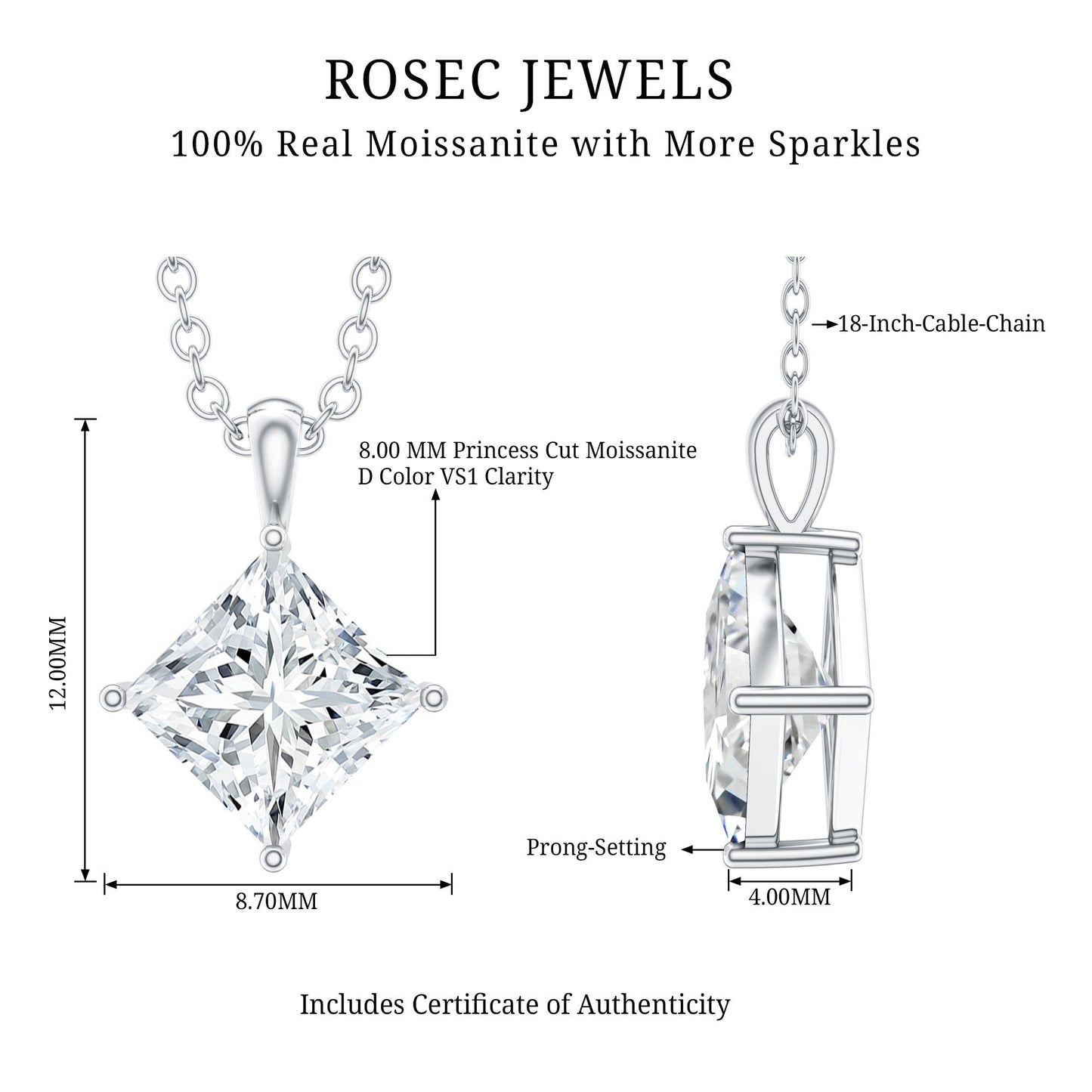 3 CT Princess Cut Moissanite Solitaire Pendant Necklace For Women