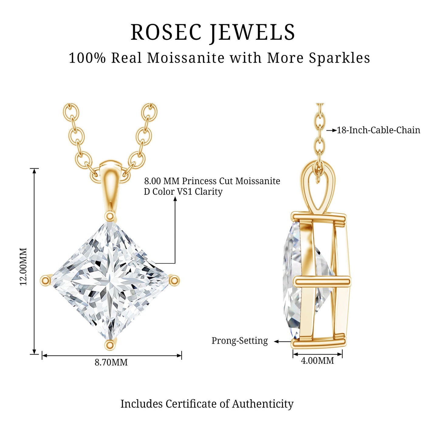 3 CT Princess Cut Moissanite Solitaire Pendant Necklace For Women