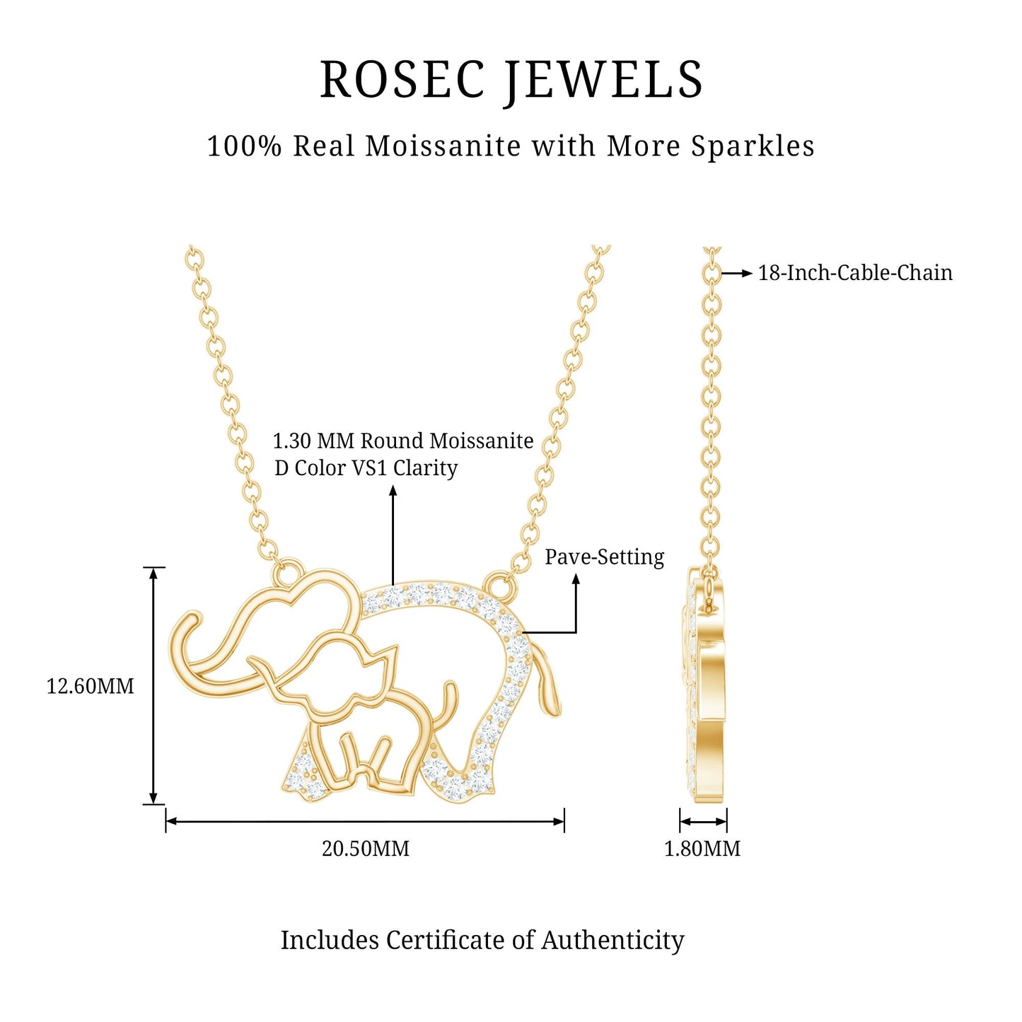 Cute Mother and Baby Elephant Necklace with Moissanite