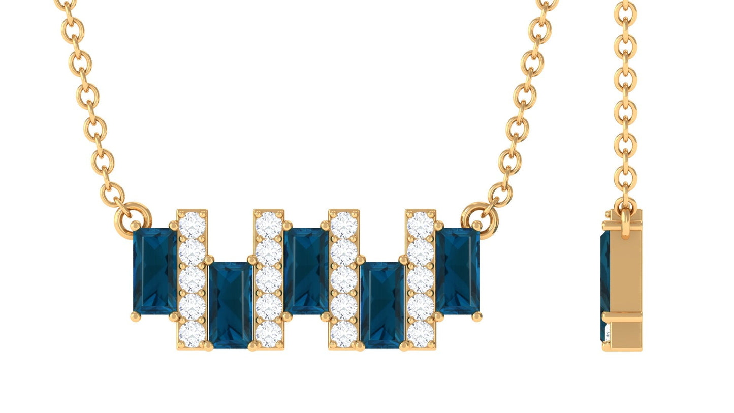 Baguette Cut London Blue Topaz and Diamond Bar Necklace