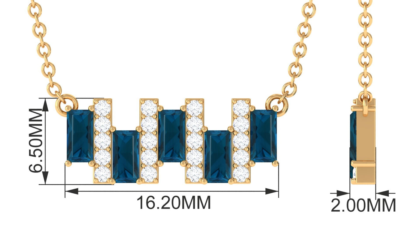 Baguette Cut London Blue Topaz and Diamond Bar Necklace