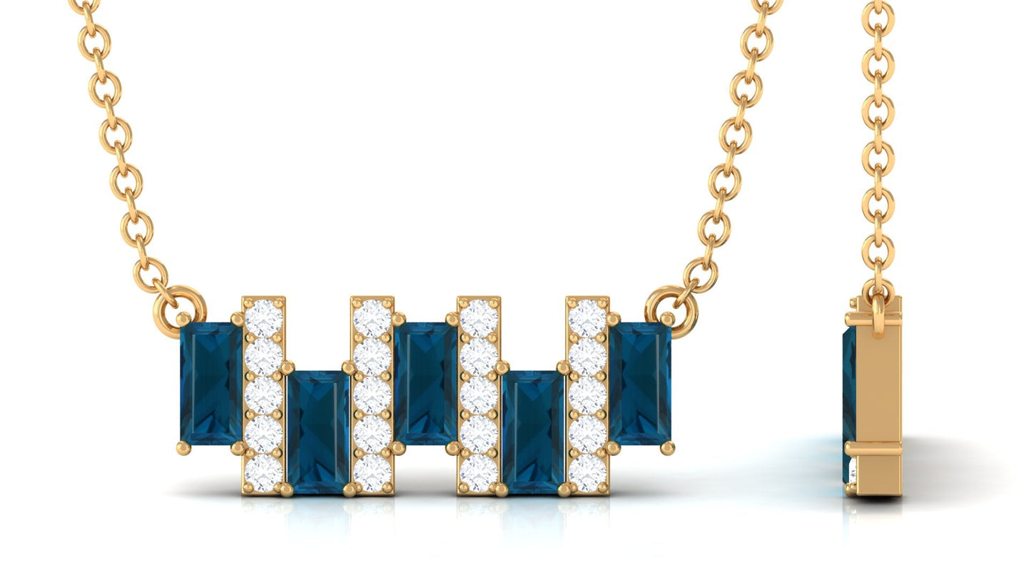 Baguette Cut London Blue Topaz and Diamond Bar Necklace