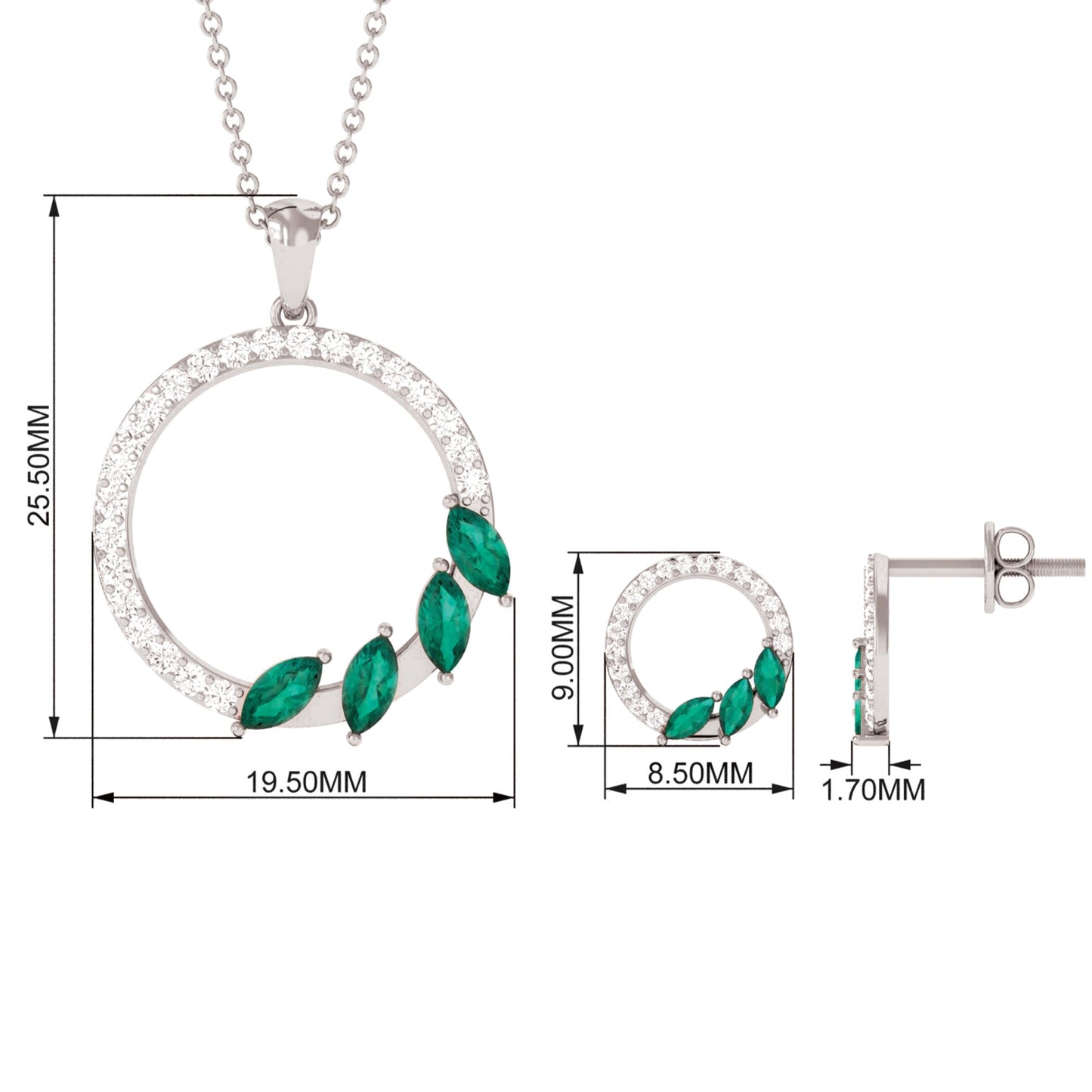 Natural Emerald Circle Necklace and Earrings Set with Diamond