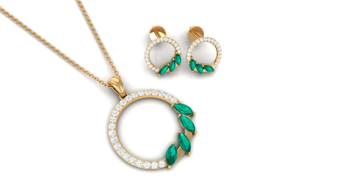 Natural Emerald Circle Necklace and Earrings Set with Diamond