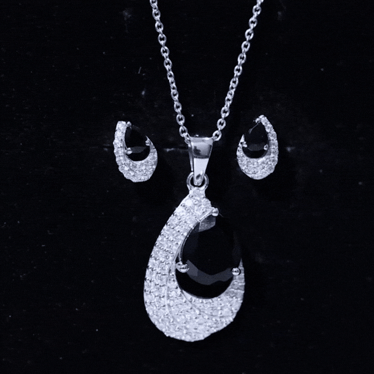 Natural Black Onyx Teardrop Necklace and Earrings Set with Certificate