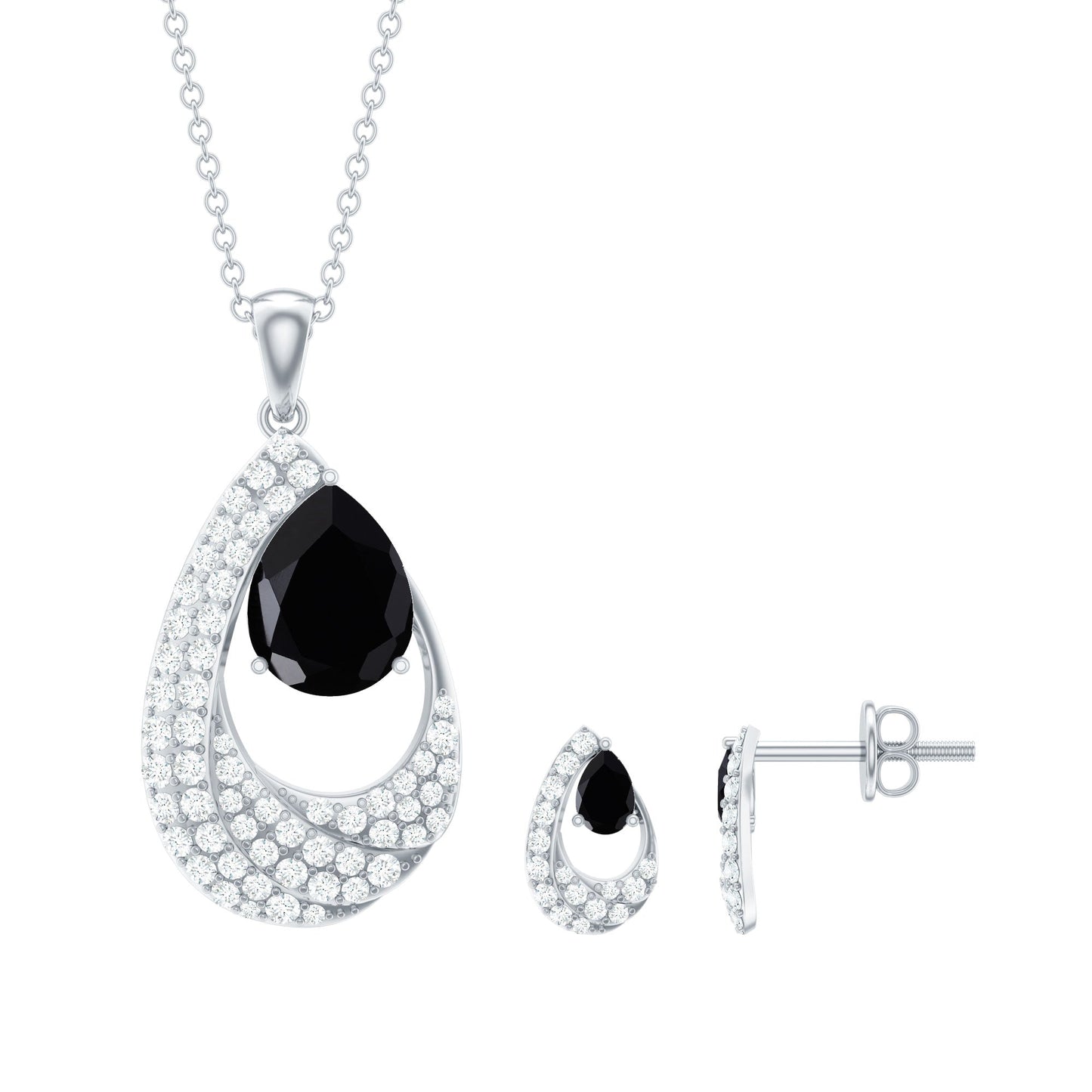 Natural Black Onyx Teardrop Necklace and Earrings Set with Certificate