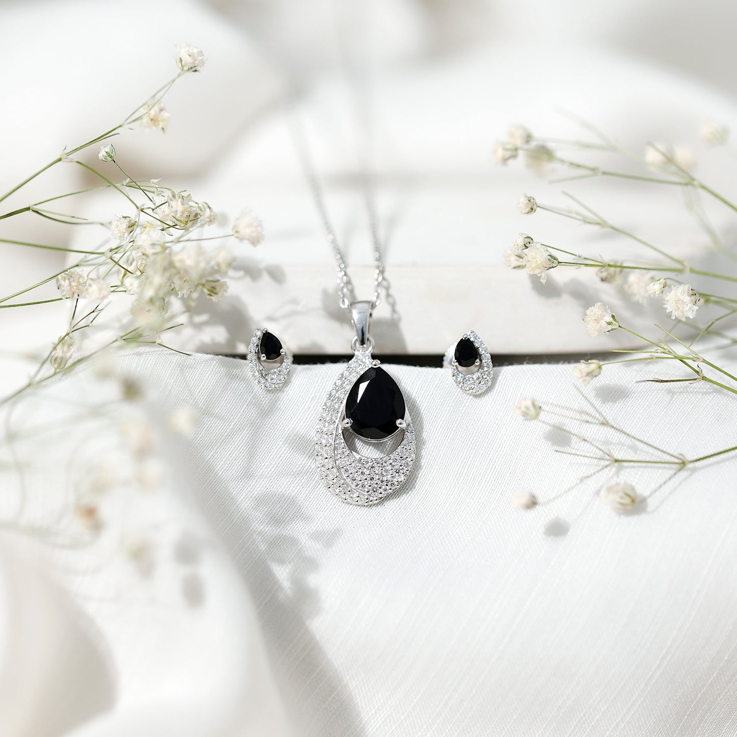 Natural Black Onyx Teardrop Necklace and Earrings Set with Certificate