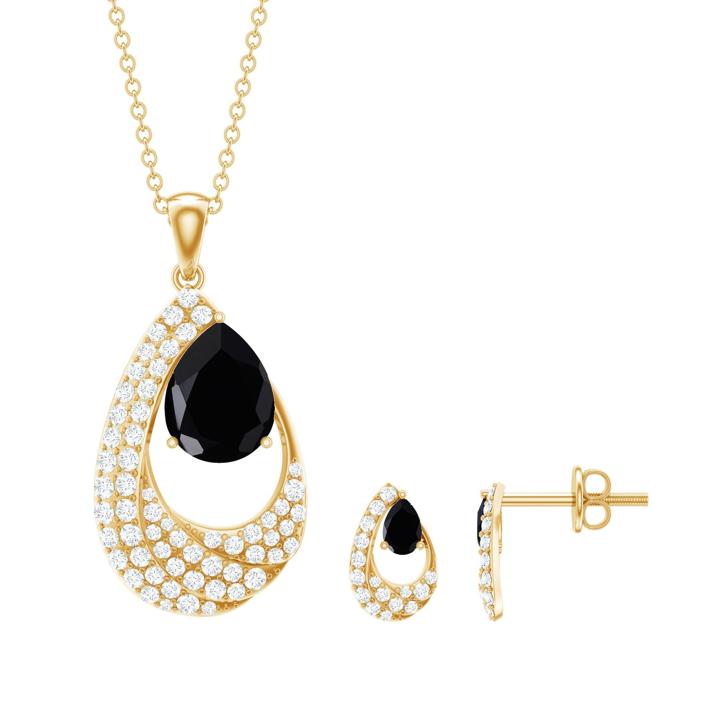 Natural Black Onyx Teardrop Necklace and Earrings Set with Certificate