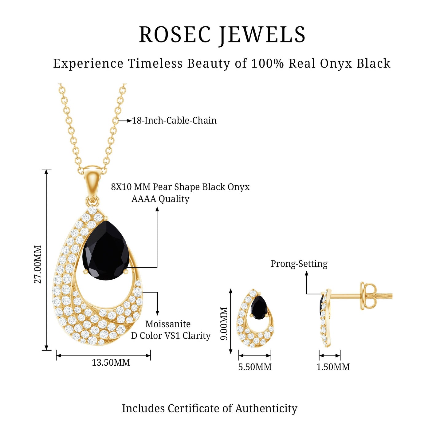 Natural Black Onyx Teardrop Necklace and Earrings Set with Certificate