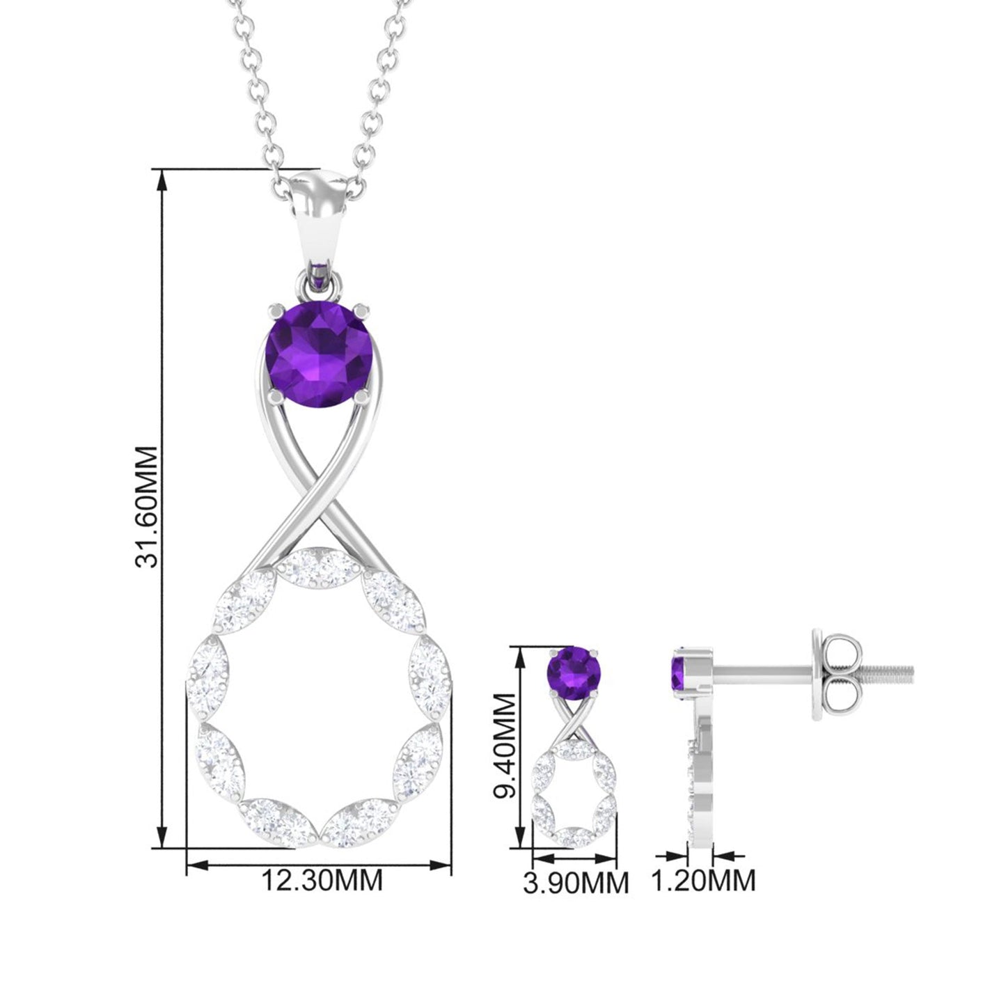 Natural Amethyst Diamond Infinity Necklace and Earrings Set
