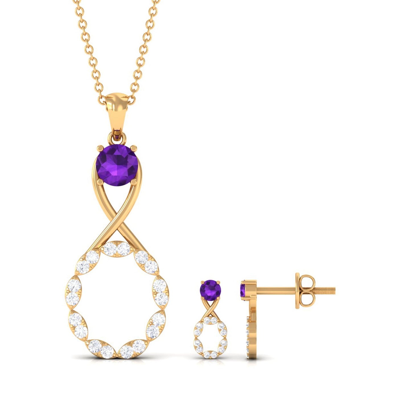 Natural Amethyst Diamond Infinity Necklace and Earrings Set