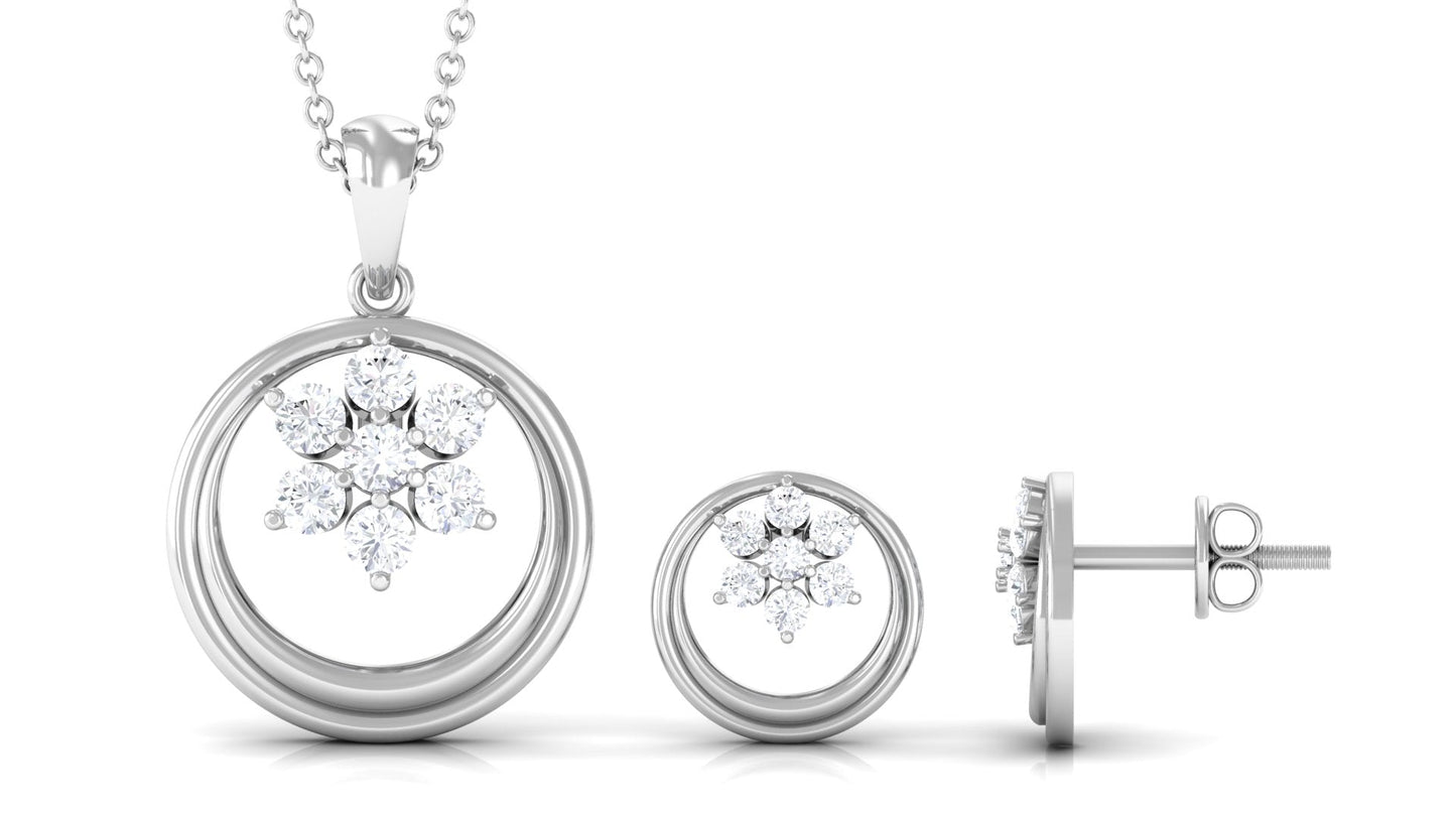 Real Diamond Floral Pendant Necklace and Stud Earring Set