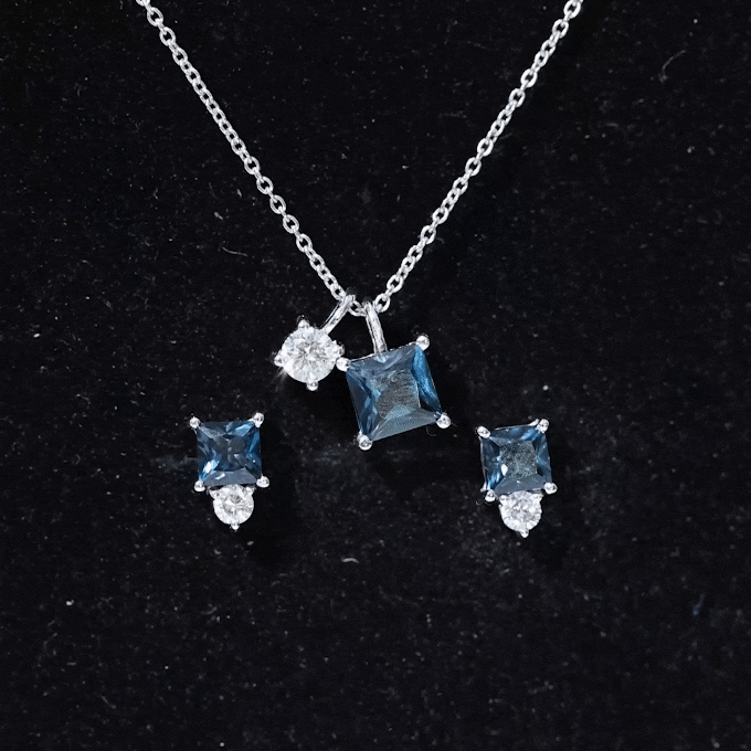 Real London Blue Topaz and Moissanite Two Stone Pendant Earrings Set