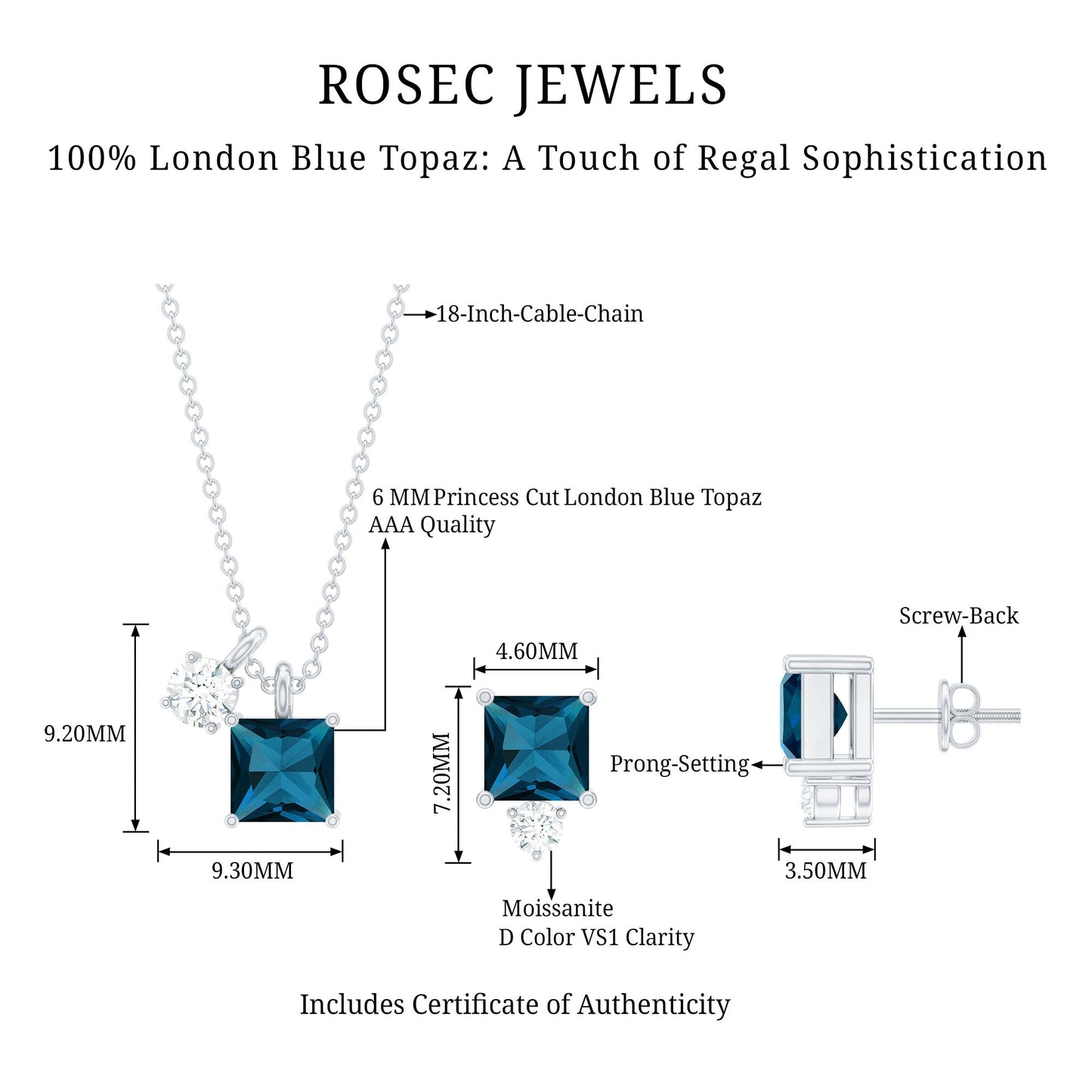 Real London Blue Topaz and Moissanite Two Stone Pendant Earrings Set