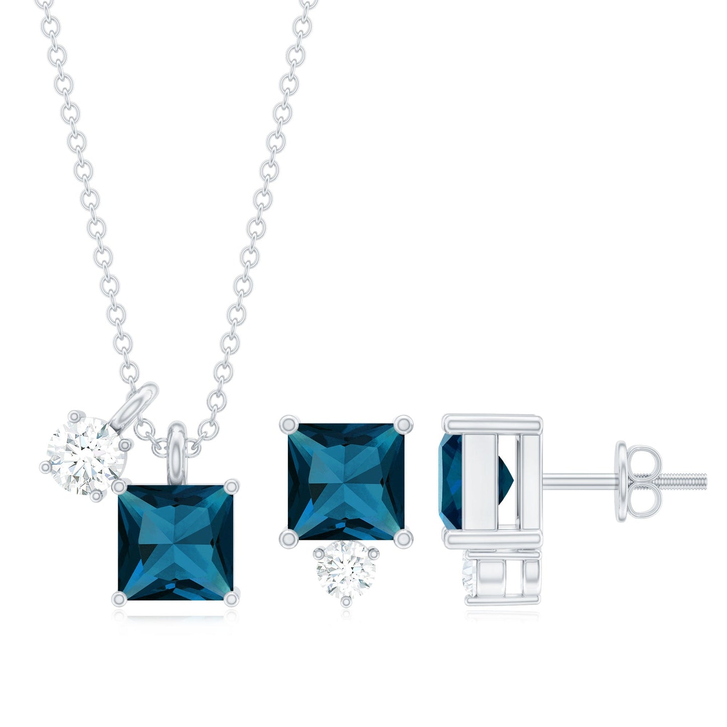 Real London Blue Topaz and Moissanite Two Stone Pendant Earrings Set