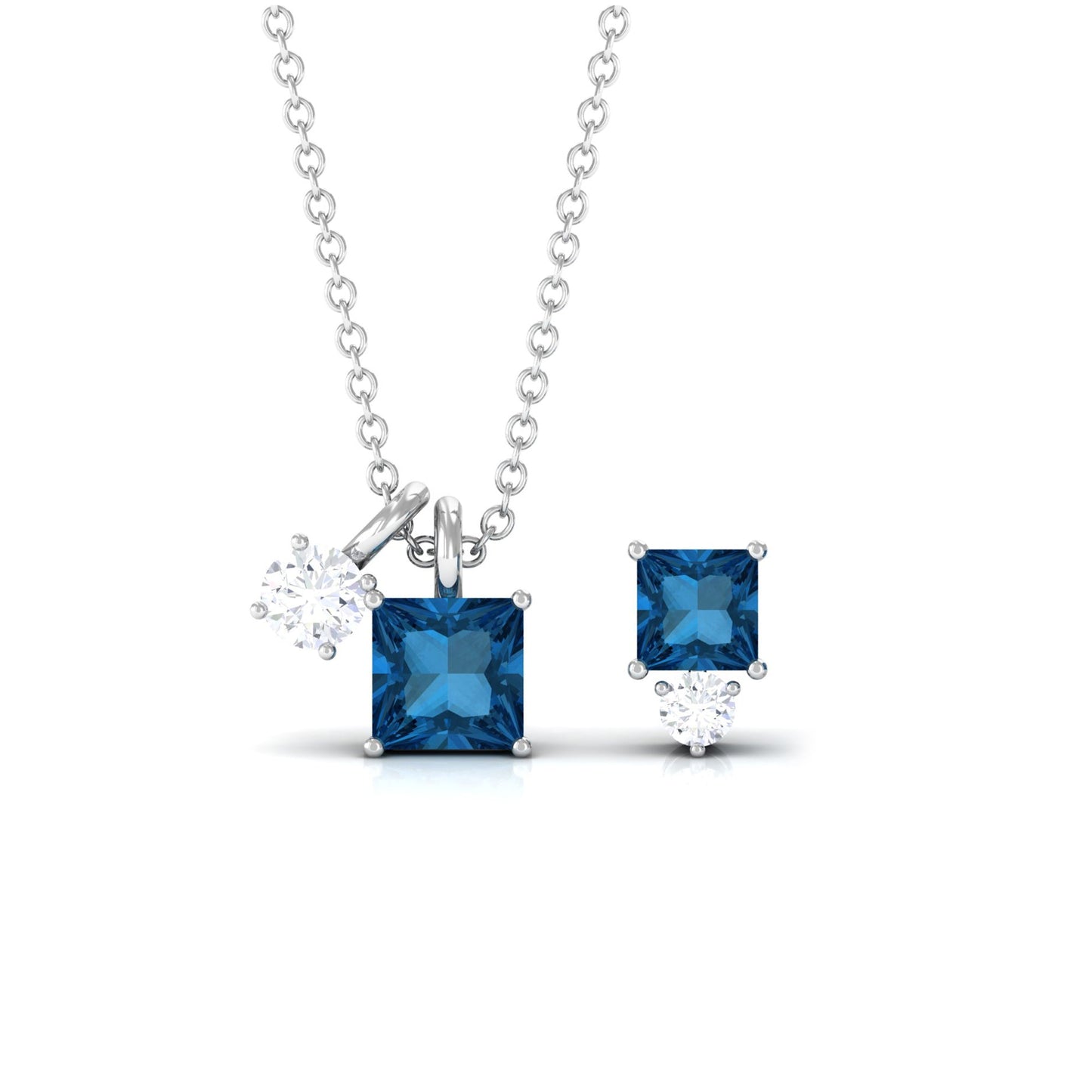 Real London Blue Topaz and Moissanite Two Stone Pendant Earrings Set