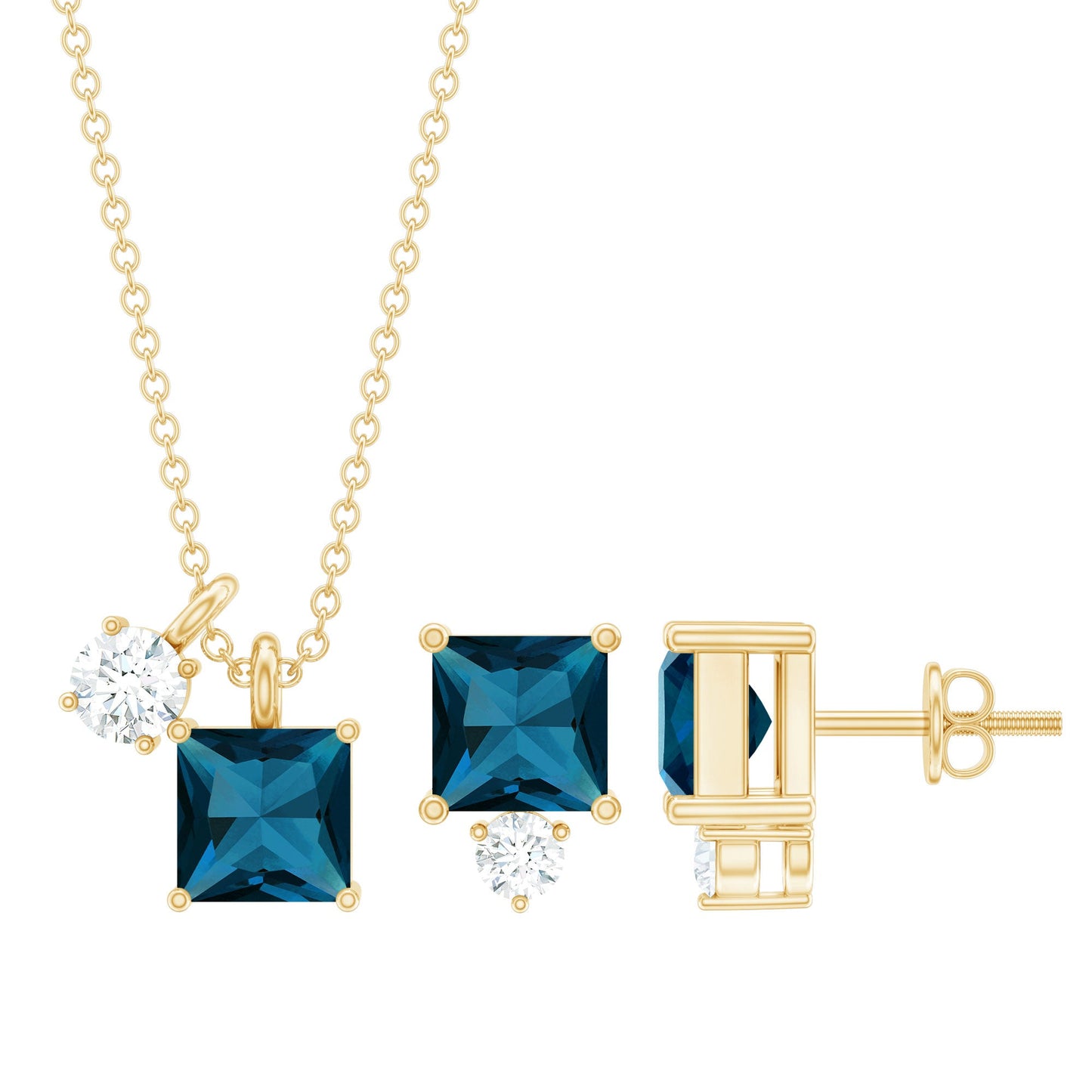 Real London Blue Topaz and Moissanite Two Stone Pendant Earrings Set