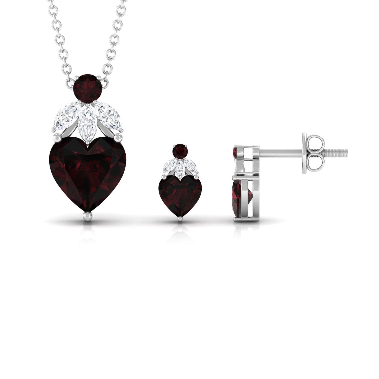 Heart Garnet Necklace and Earrings Set with Diamond