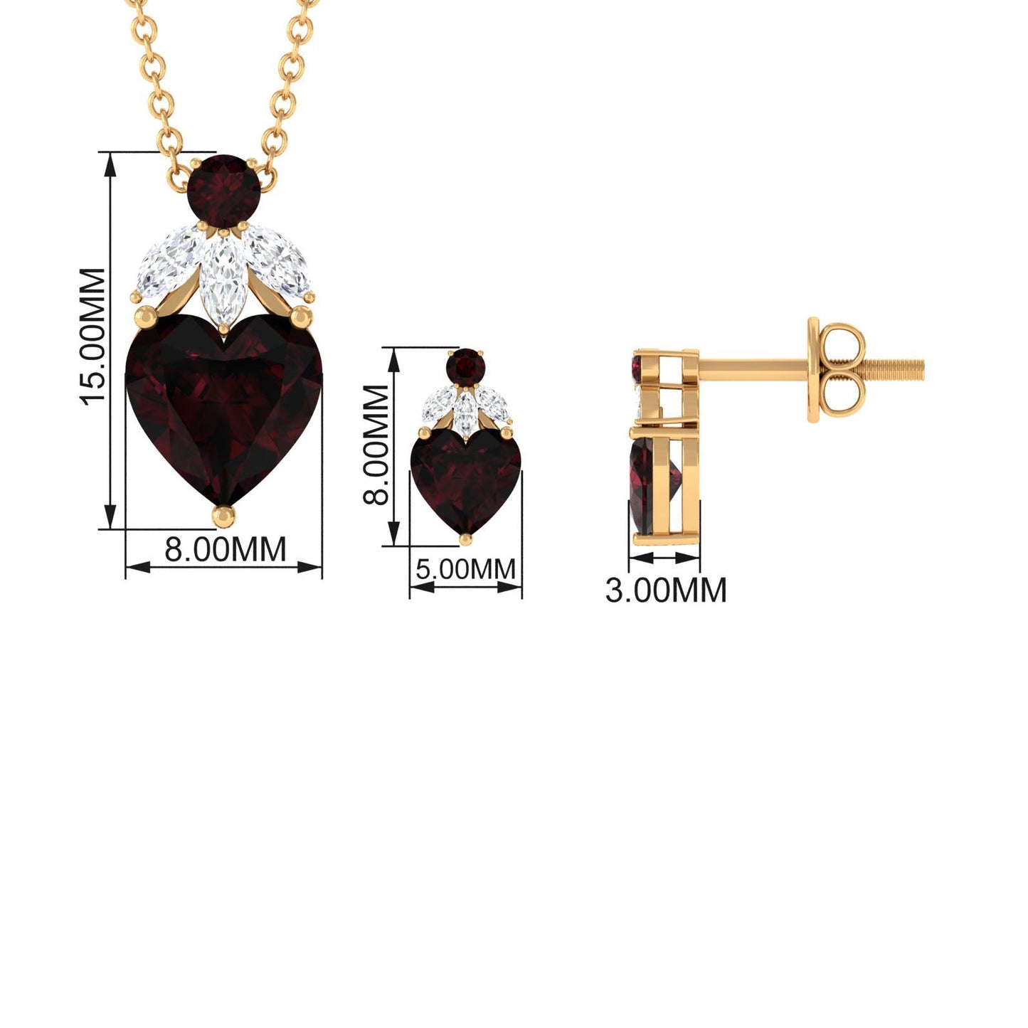 Heart Garnet Necklace and Earrings Set with Diamond