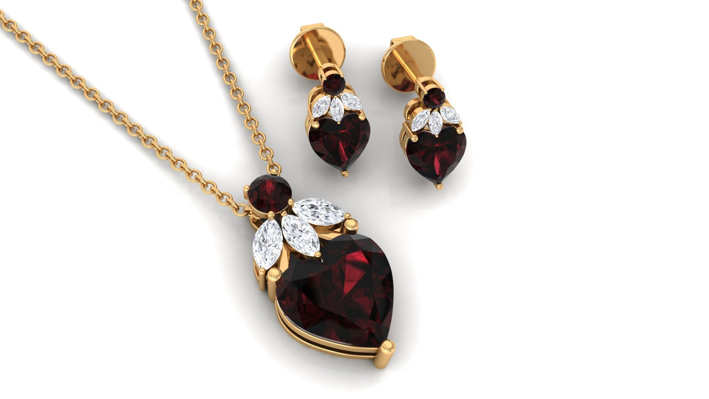 Heart Garnet Necklace and Earrings Set with Diamond
