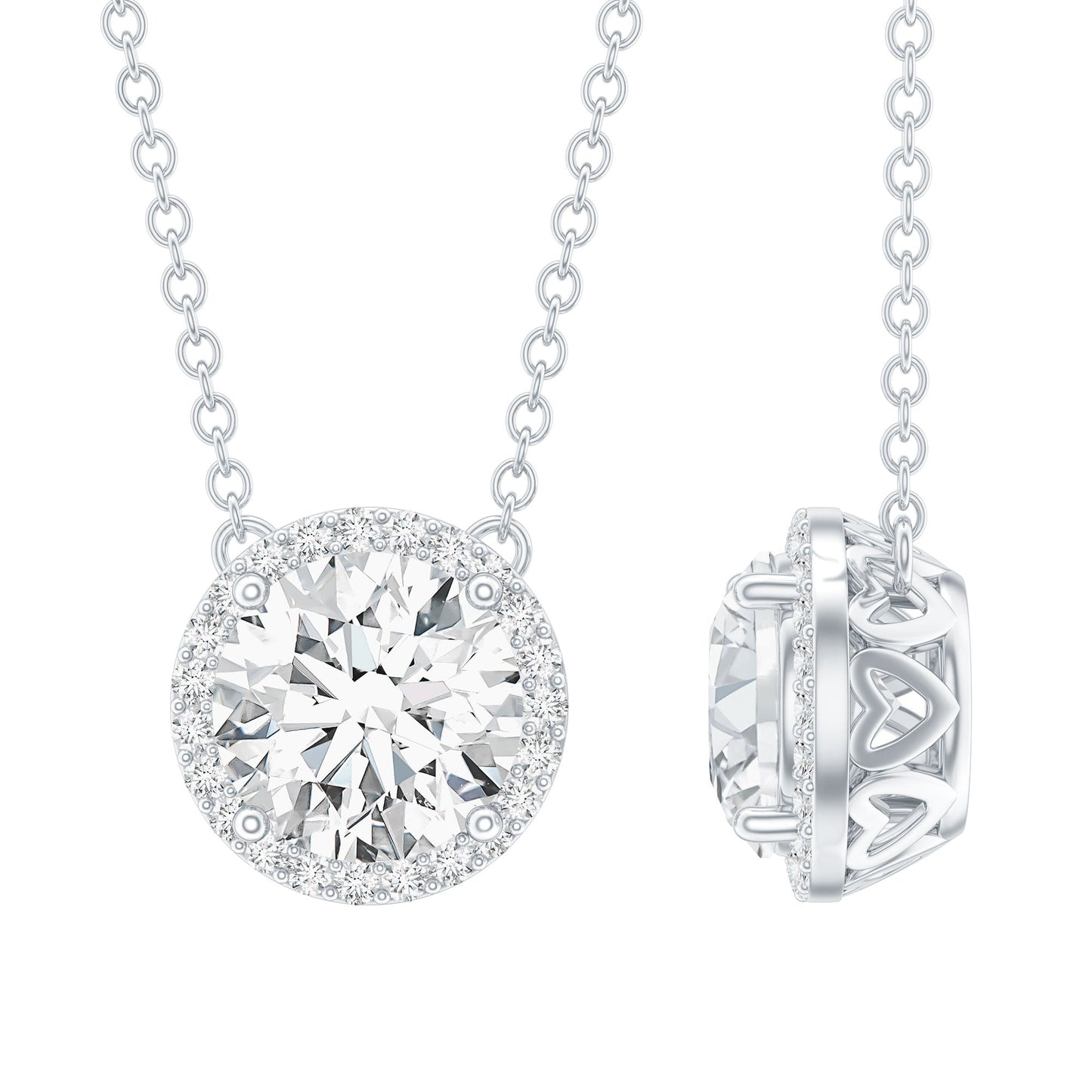 Certified Moissanite Halo Pendant Necklace in Prong Setting