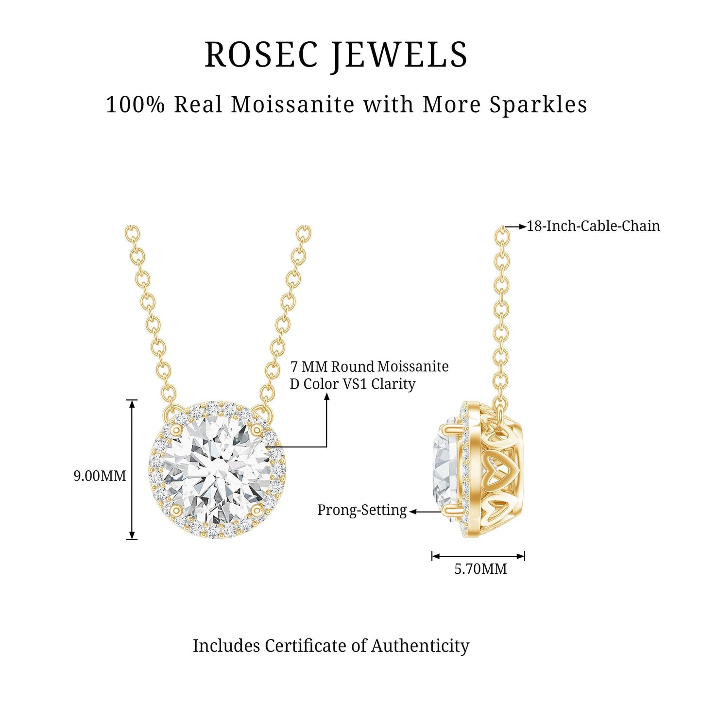 Certified Moissanite Halo Pendant Necklace in Prong Setting