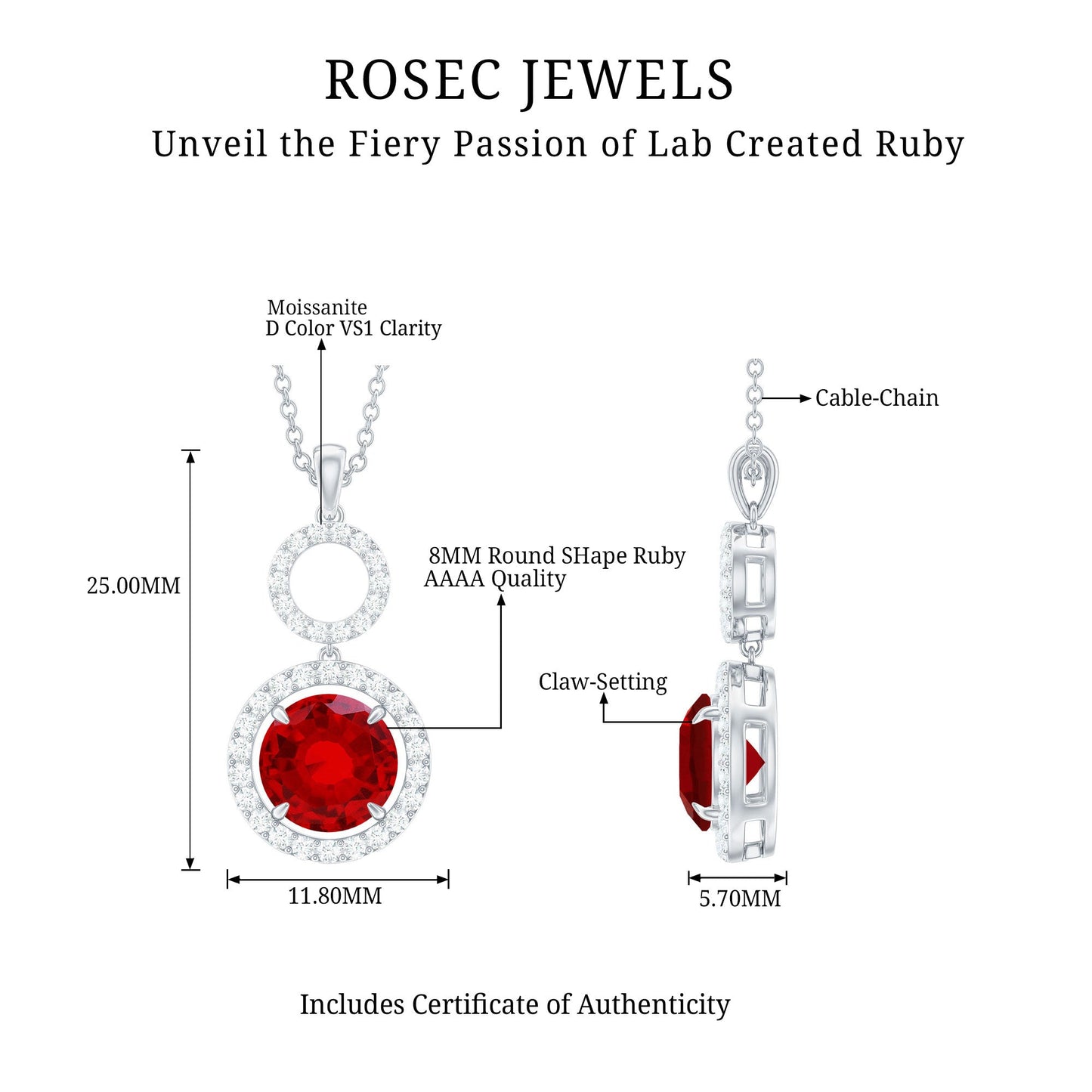 Lab Grown Ruby Dangle Necklace with Moissanite Halo