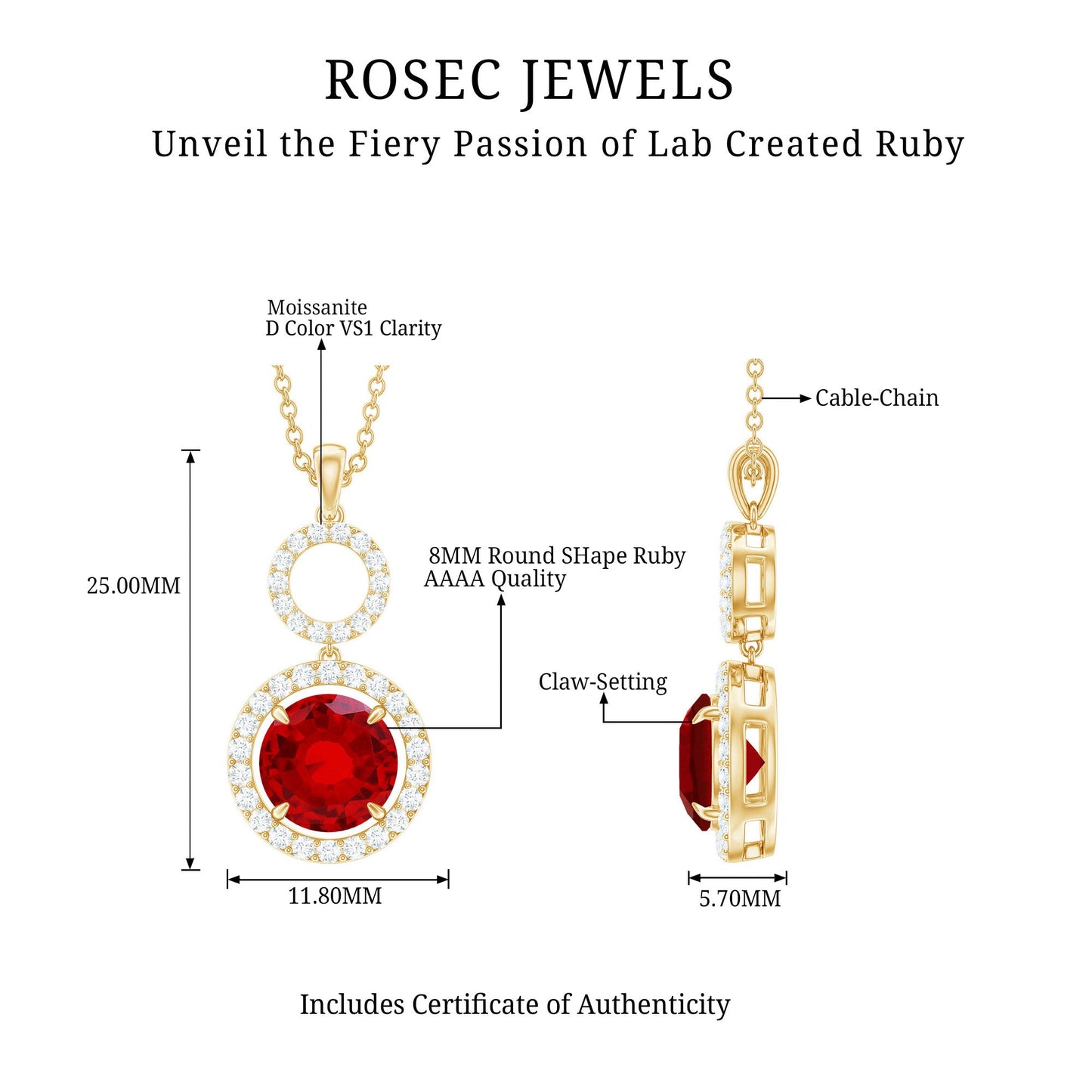 Lab Grown Ruby Dangle Necklace with Moissanite Halo