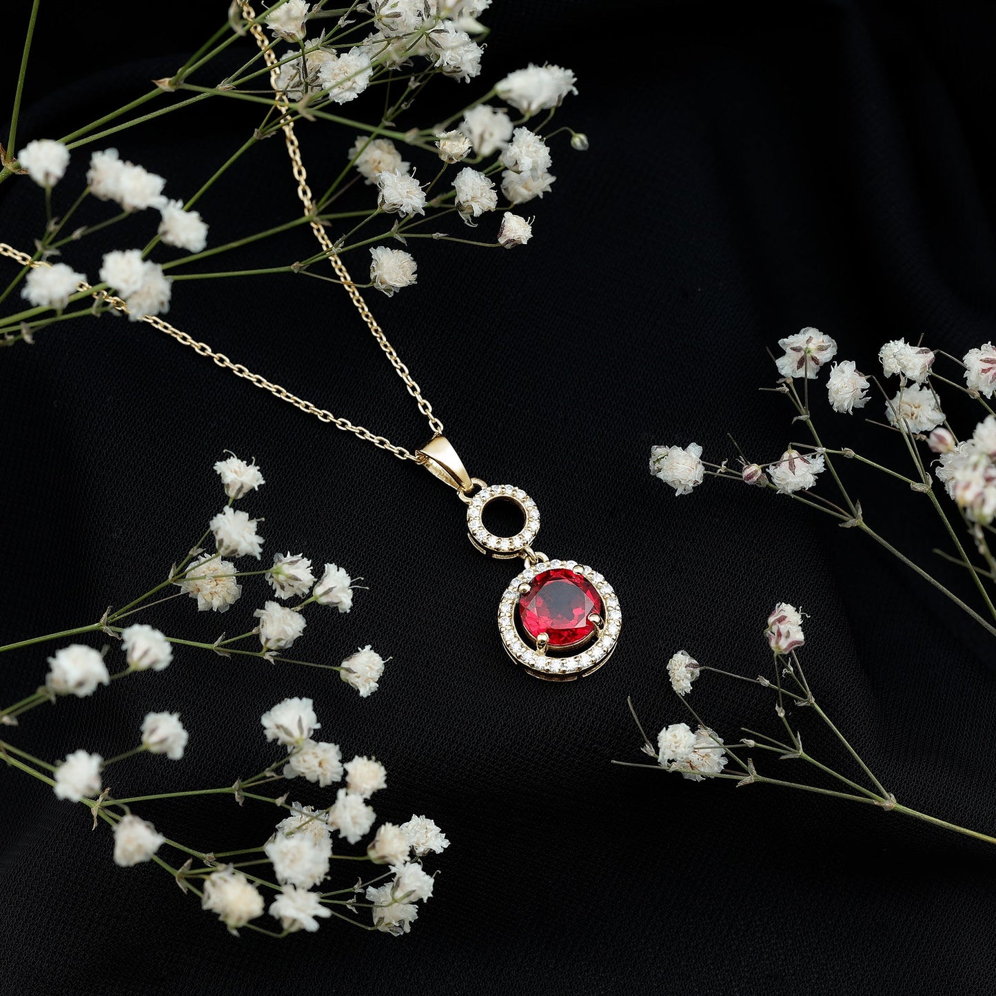 Lab Grown Ruby Dangle Necklace with Moissanite Halo