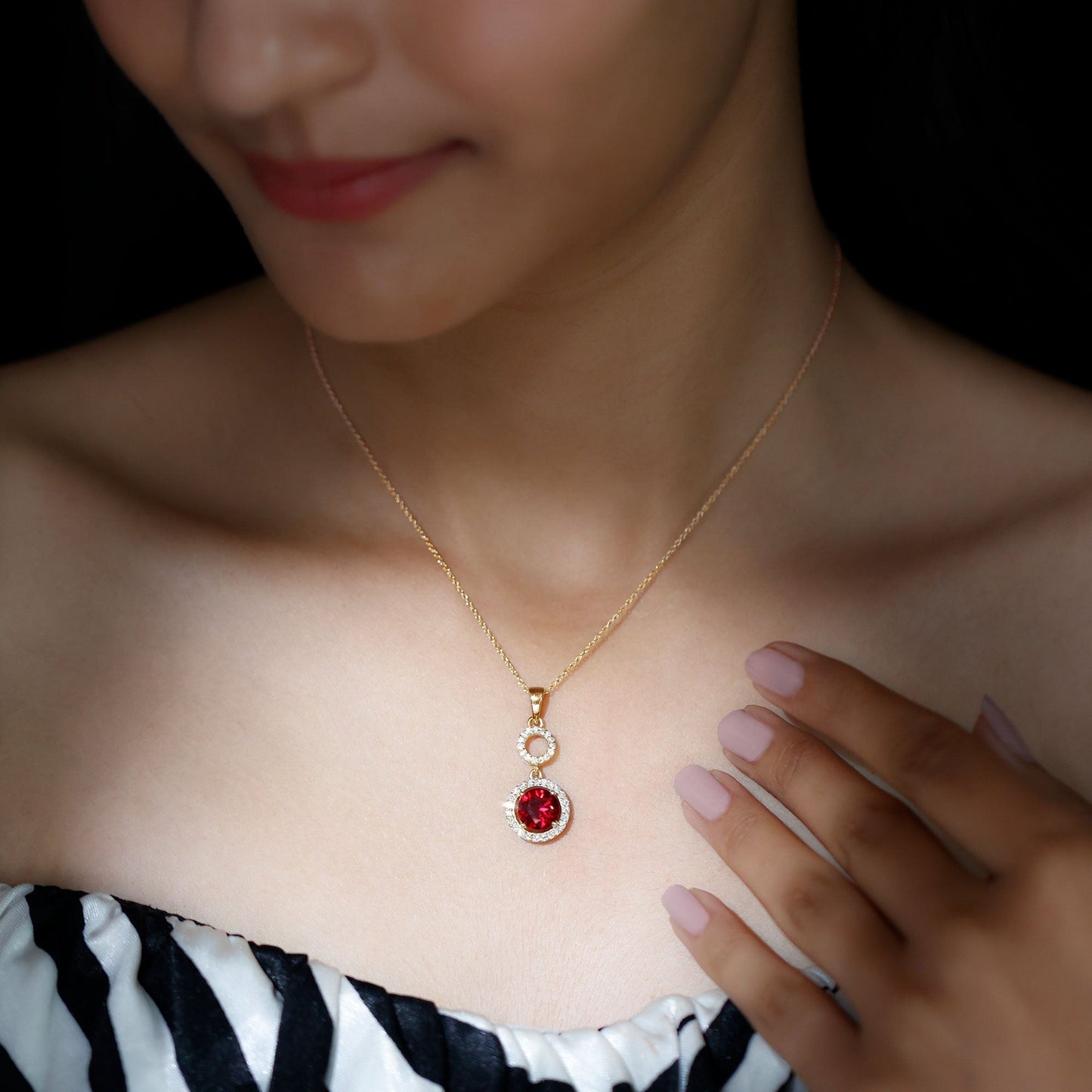 Lab Grown Ruby Dangle Necklace with Moissanite Halo