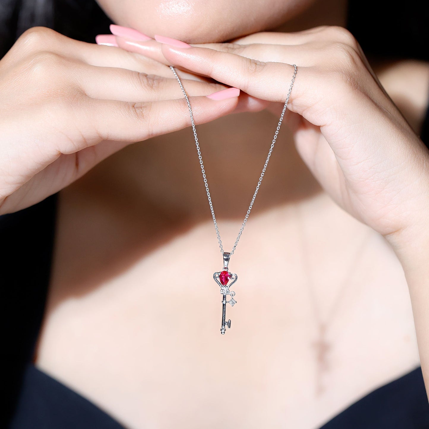 Vintage Inspired Lab Grown Ruby and Diamond Key Pendant Necklace