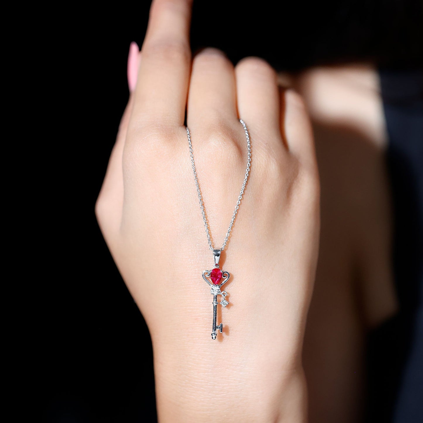 Vintage Inspired Lab Grown Ruby and Diamond Key Pendant Necklace