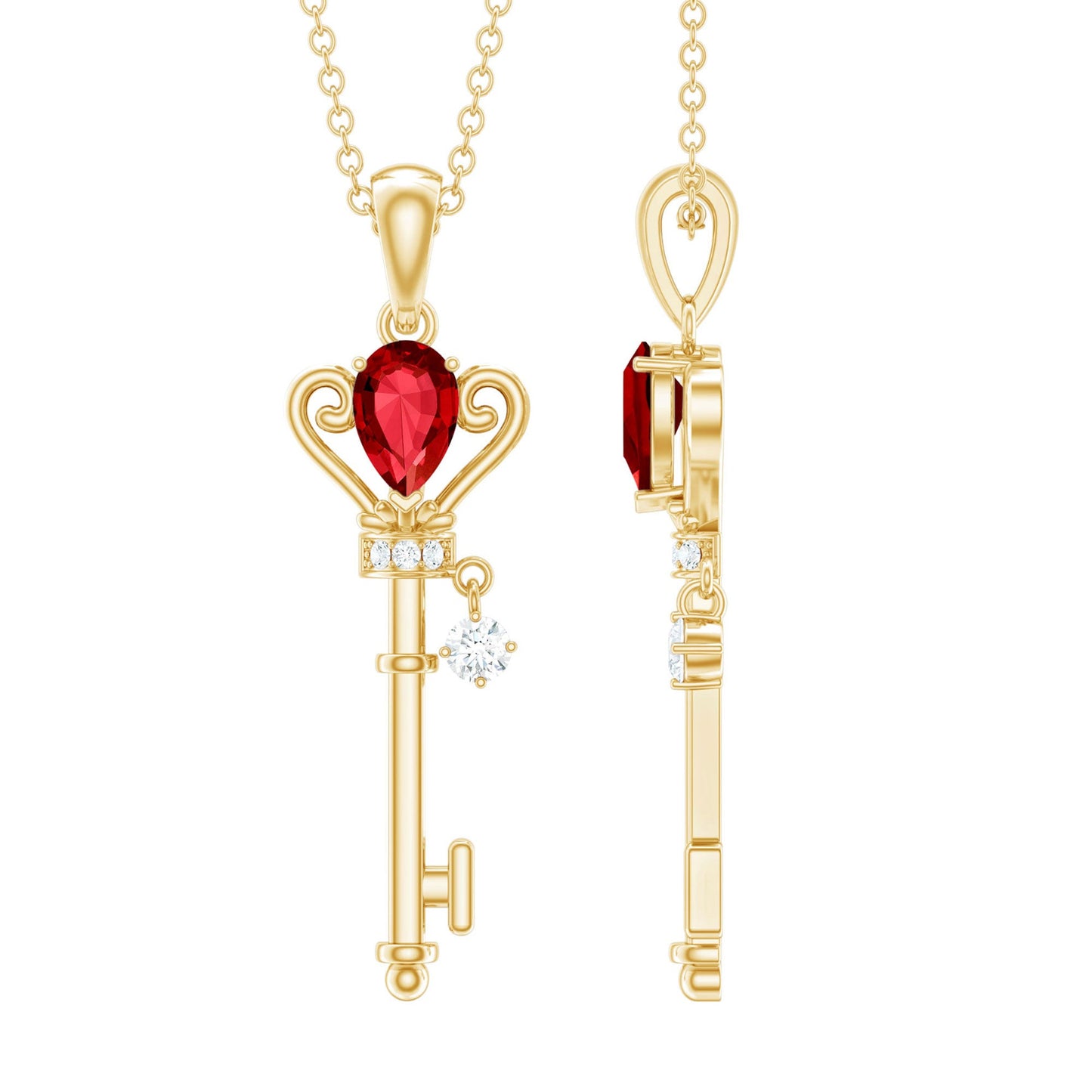 Vintage Inspired Lab Grown Ruby and Diamond Key Pendant Necklace