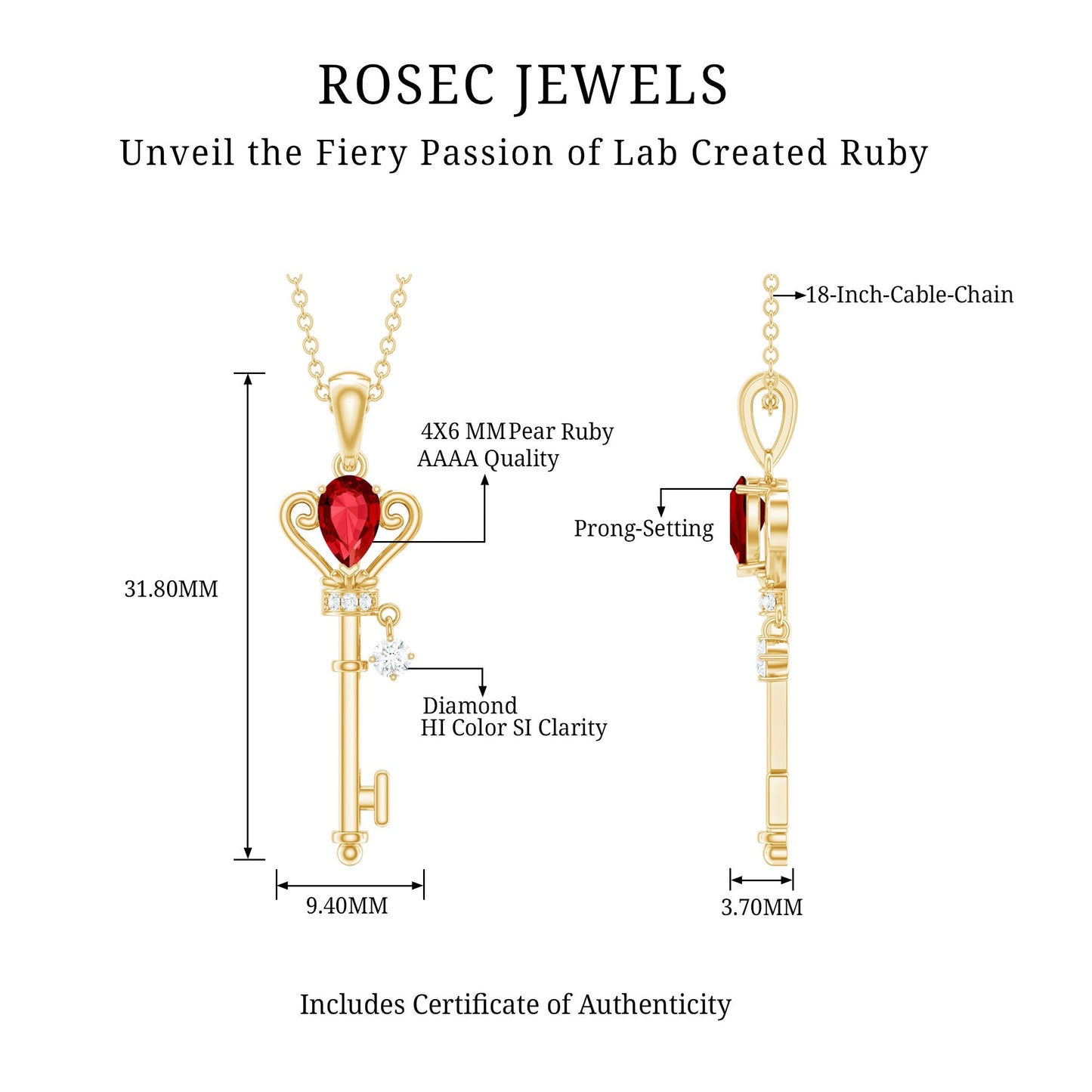 Vintage Inspired Lab Grown Ruby and Diamond Key Pendant Necklace